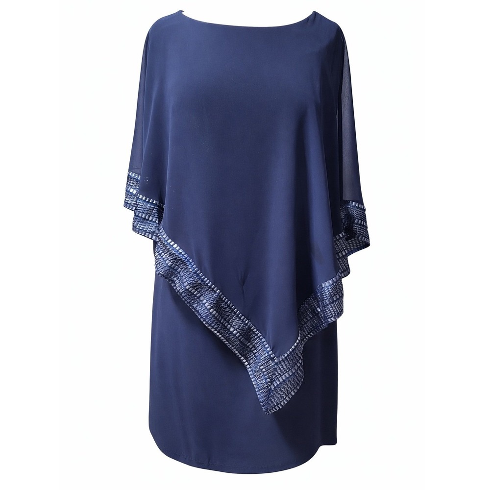 SLNY Navy Blue Chiffon Cape Overlay‎ Cocktail Dress Silver Trim SL111176 size 6